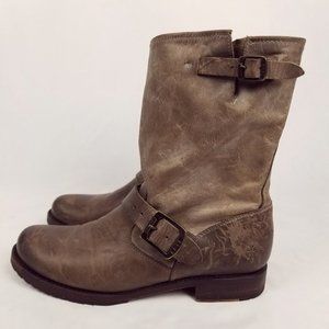 Frye Gray-Brown Leather Mid-Calf Moto Boots